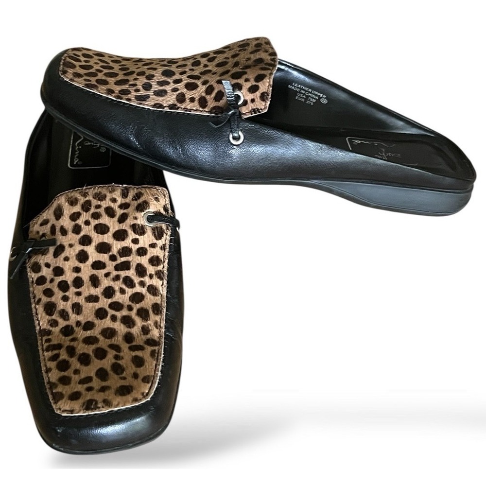 The Touch of Nina Size 7.5M Animal Print Black‎ Flat Slip on Mules Women